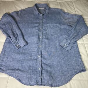 Gap 100% Linen Boyfriend Shirt Sz L Blue Long Sleeve Button Up Coastal Preppy